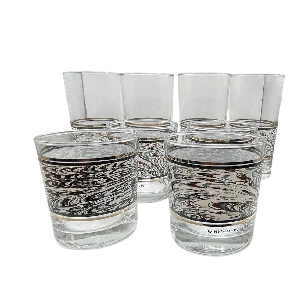 Set 8 Retro Anchor Hocking 1988 Blue Swirl  with Gold Tone Band Drinking Glasses